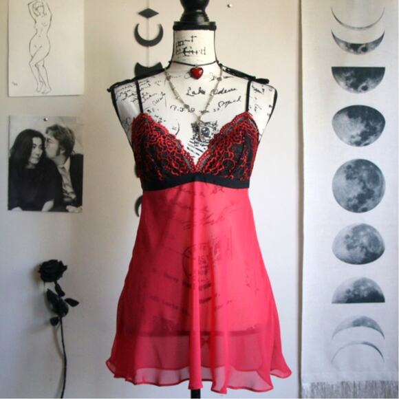 Y2K RED SHEER SLIP BABYDOLL DRESS - Picture 1 of 8
